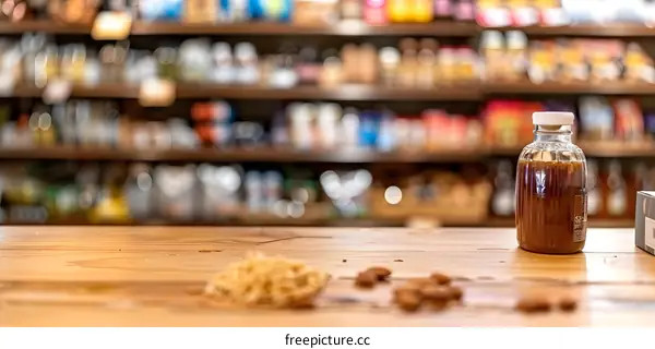 Glass Bottle Of Syrup On Wooden Table