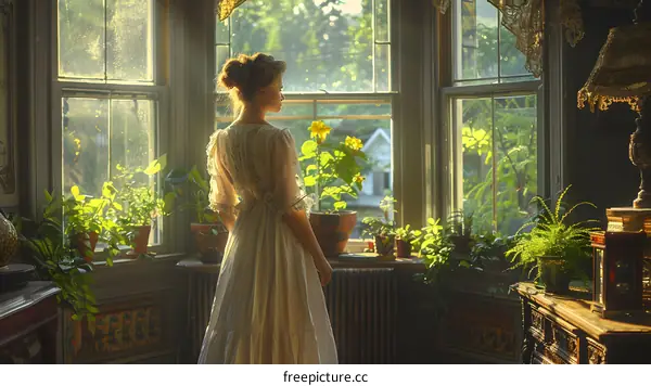 woman in white dress standing in front of a window