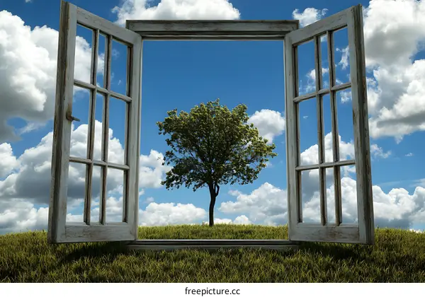 Open Window View of Green Tree and Blue Sky