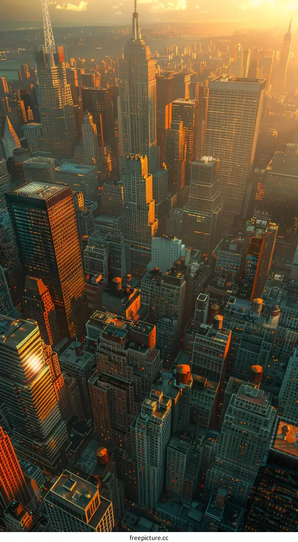 Aerial View of Skyscrapers in a City at Sunset