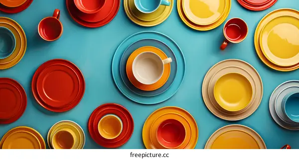 Colorful Plates and Cups on a Blue Background