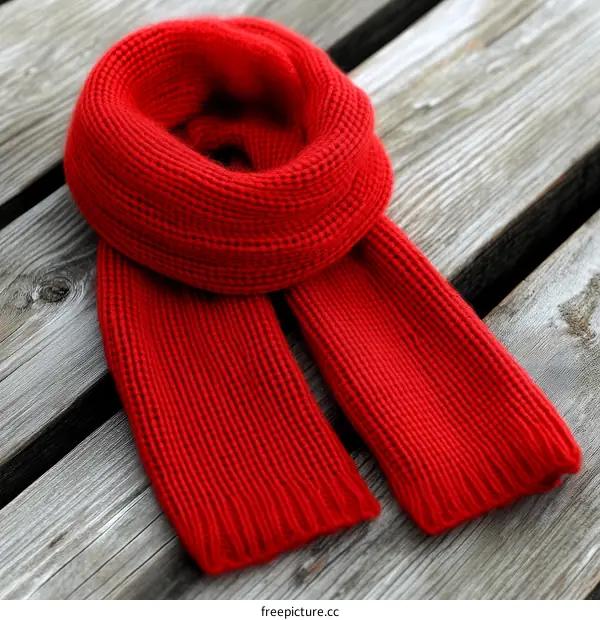 Red Knitted Scarf on Wooden Planks