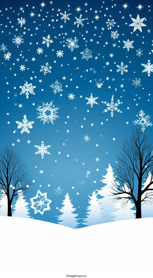 Blue and white winter scene with snowflakes and trees