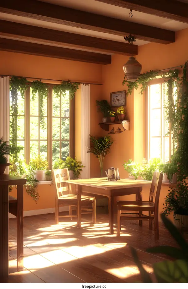 Sunny Farmhouse Dining Room Interior Design with Wooden Table and Chairs