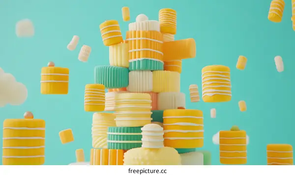 Abstract 3D Illustration Of Yellow And Green Cylinders