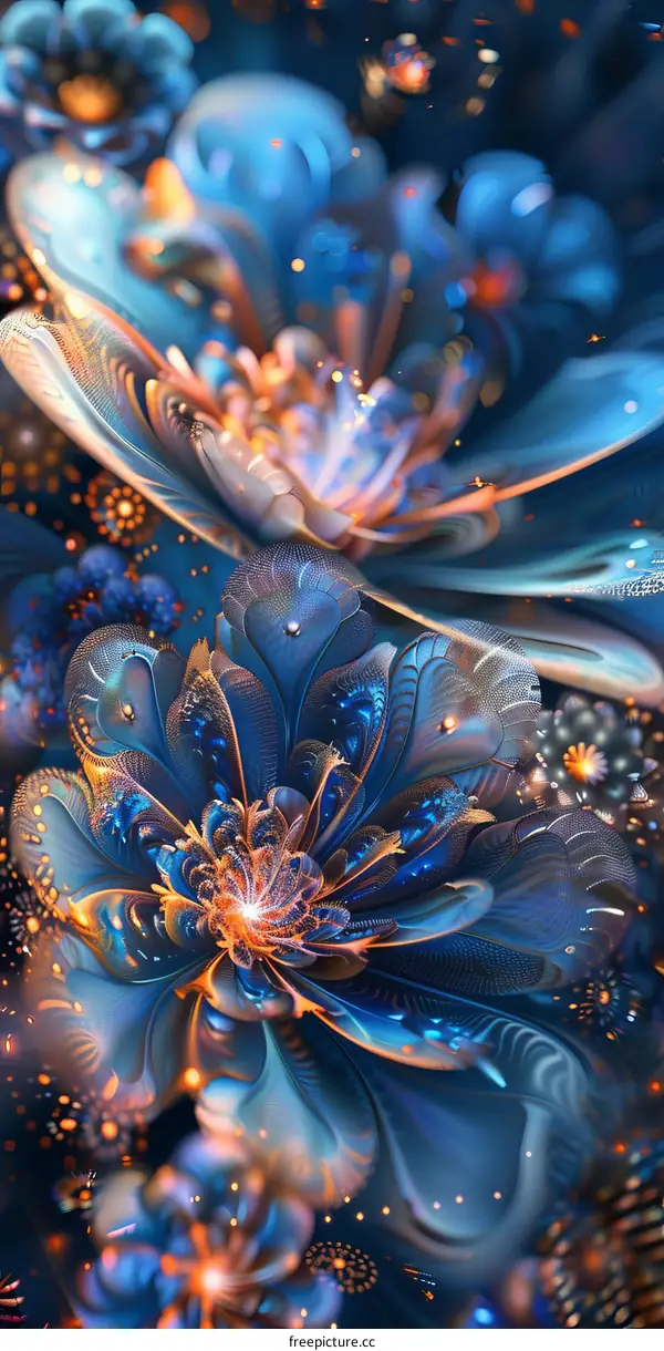 Intricate Glowing Flowers in Blue and Orange