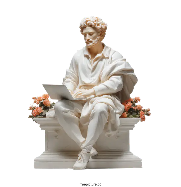 [Transparent Background PNG]Classical Figurine of a Writer Working on a Laptop