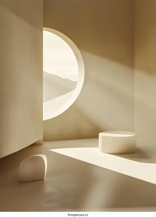 Minimalist Abstract Room with Round Window and Sunbeams