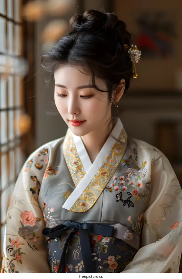 Portrait of a young woman in traditional Korean dress, or Hanbok