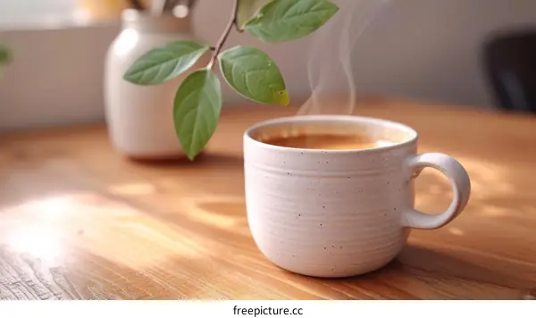 An illustration of a ceramic cup of coffee on a wooden table