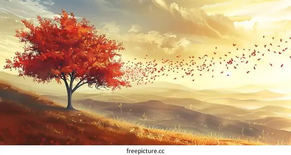 Red Tree with Flying Leaves in Autumn Landscape