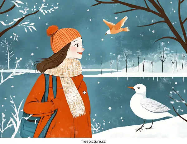 Winter Landscape with Woman and Birds