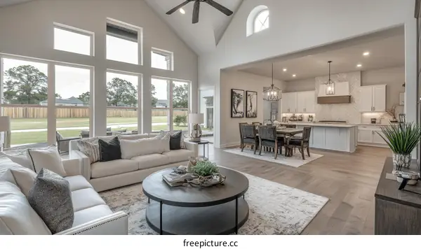 Modern Open-Concept Living Area with Kitchen View