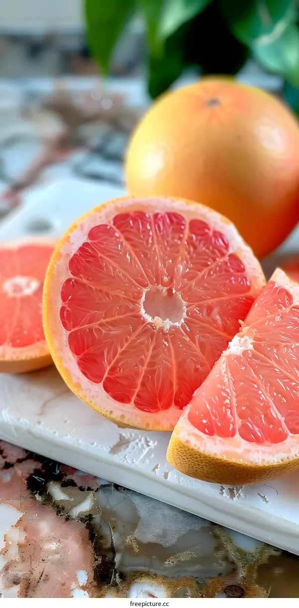 Freshly Cut Pink Grapefruit on a Marble Cutting Board