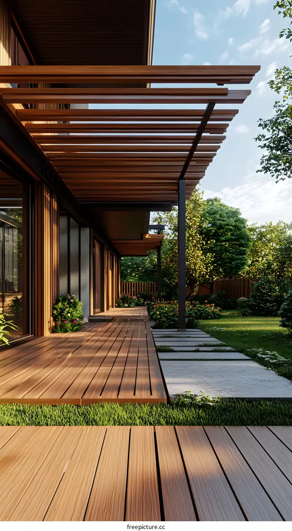 Modern Wooden Deck with Pergola and Green Lawn