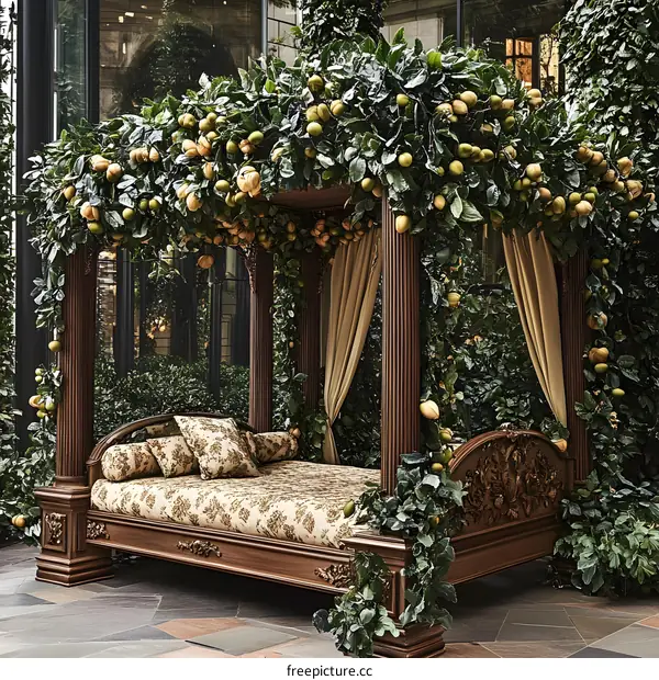 Ornate Wooden Canopy Bed Surrounded by Greenery and Lemon Trees
