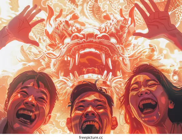 Three friends are celebrating the Lantern Festival.