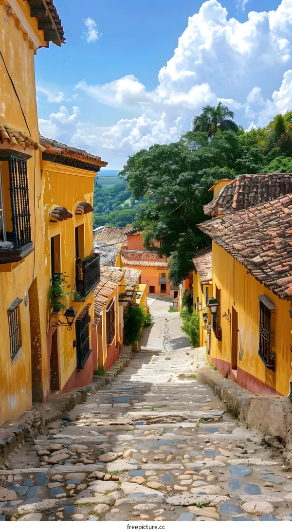 A steep cobblestone street in a small town