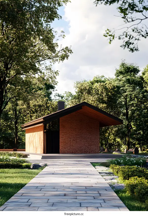 Modern Brick House with Stone Pathway in Forest