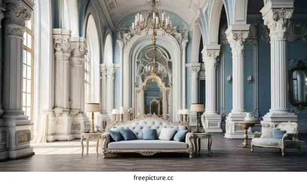 Ornate Blue and White Rococo Ballroom