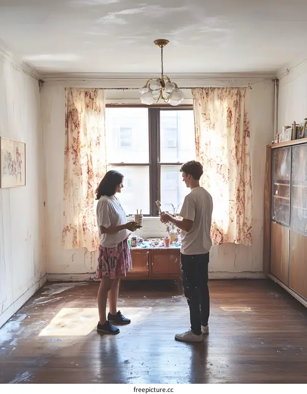 Young Couple Painting Their New Home In The Living Room