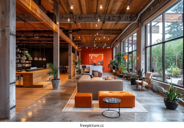 Office lobby interior design with wood beams and concrete floor