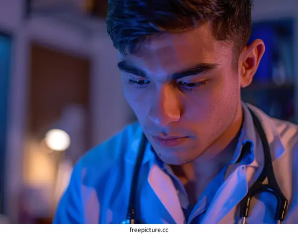 Young male doctor looking at patient's file in hospital