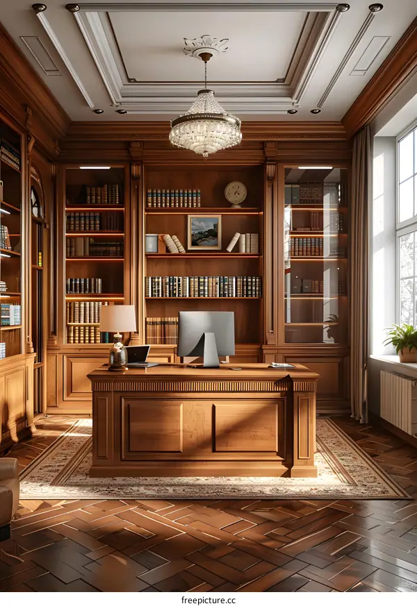 Luxurious home office library with bookshelves, desk, computer, and large windows