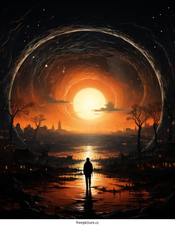 A lone figure stands in a ruined city as the sun sets.