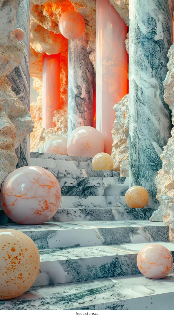 Abstract Marble Stairway with Ornate Columns and Spheres