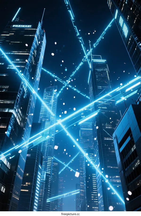 Futuristic Urban Night Scene with Digital Network Lines