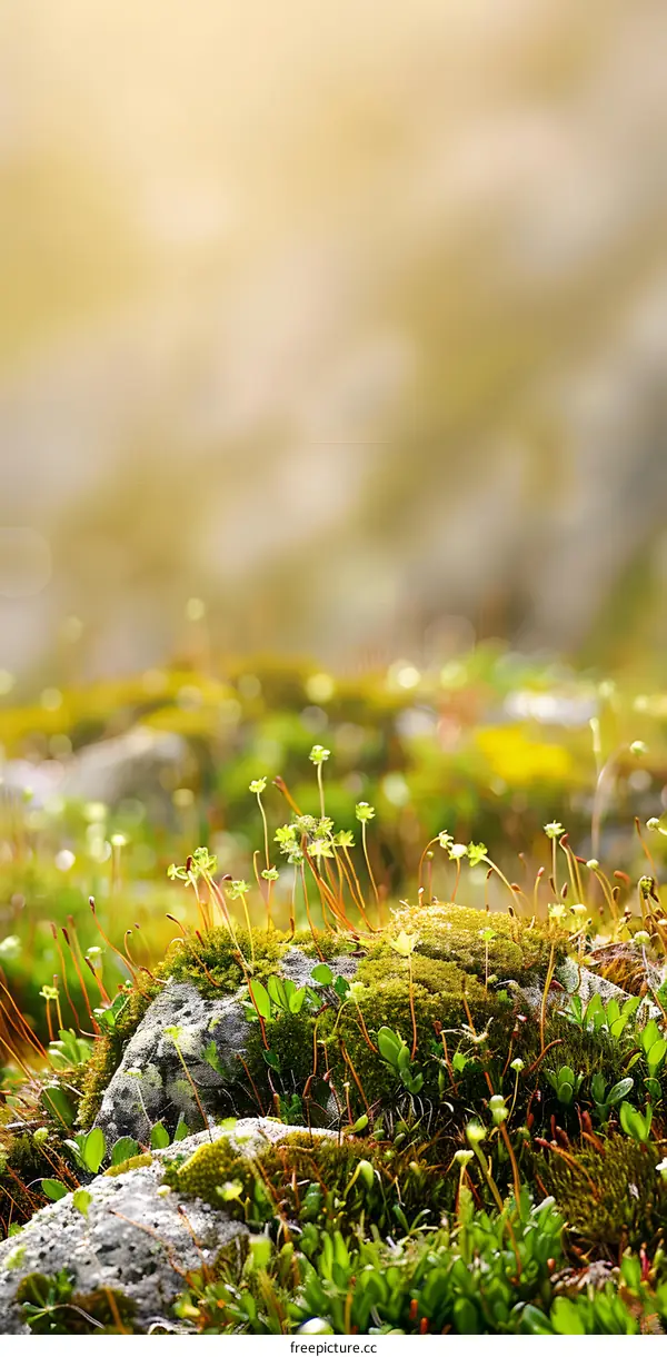 Close Up of Green Moss and Tiny Flowers on a Rock