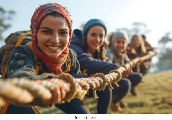 Women of diverse backgrounds pulling a rope together
