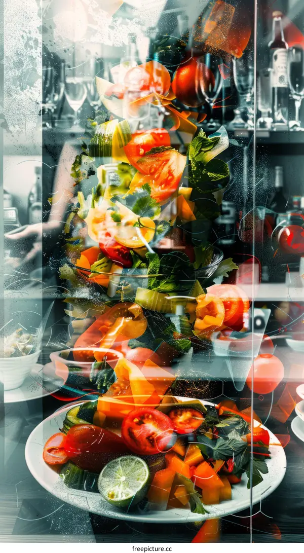 Glasses and plates with fresh vegetables and fruits