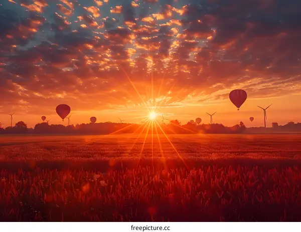 Hot air balloons over a wheat field at sunrise