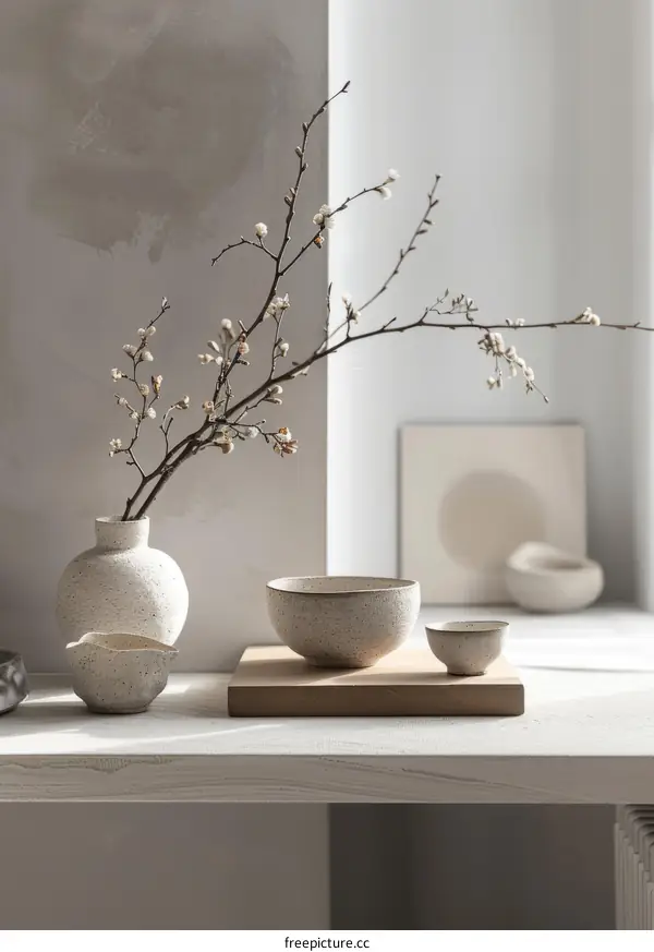 Apricot Blossom Still Life in a Ceramic Vase