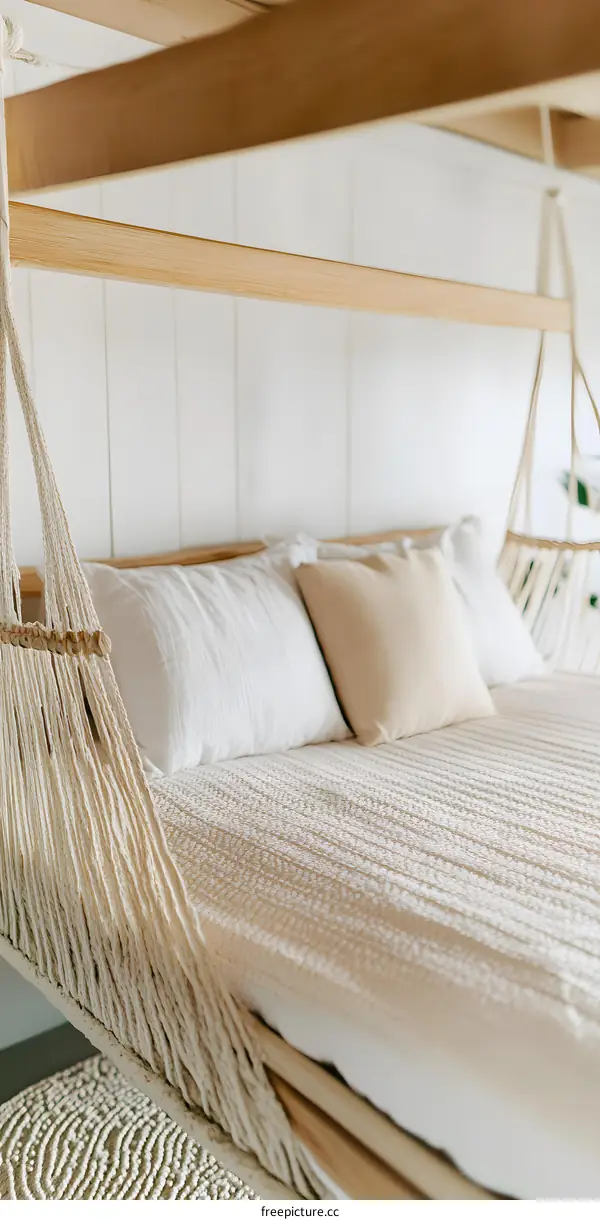White Bed With Rope Hammock Hanging Above