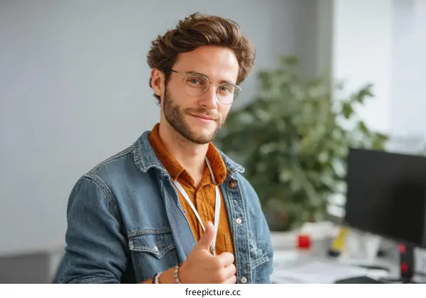 Caucasian Man Giving a Thumbs-Up in a Modern Office