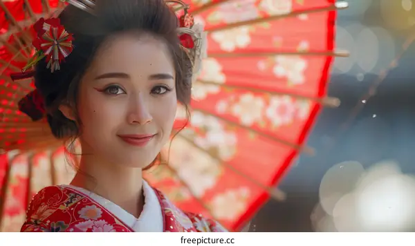 Smiling Geisha in Traditional Kimono with Red Umbrella