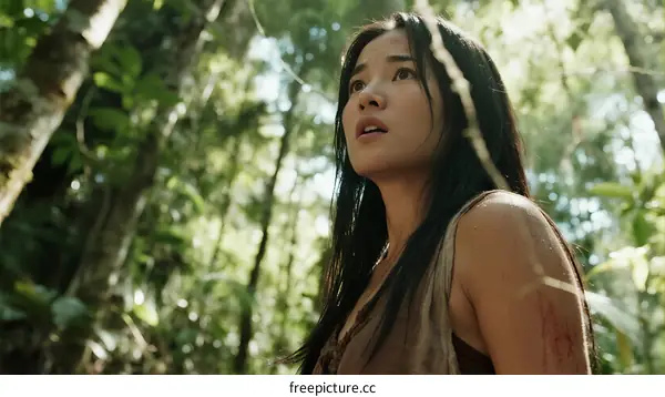 A Young Woman Exploring a Lush Green Forest in Daytime