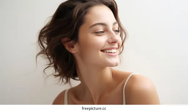 Portrait of a beautiful young woman with brown hair and white skin smiling