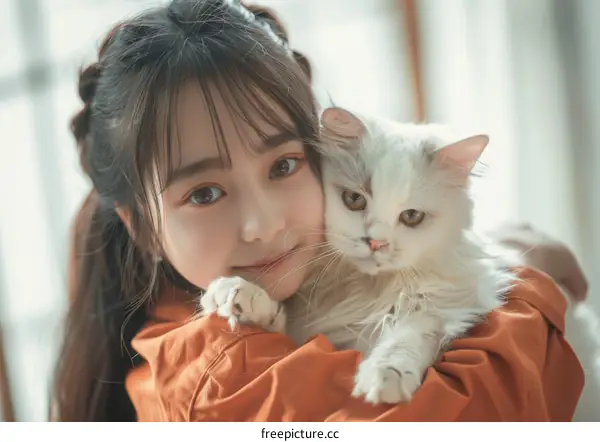 A young woman is hugging a white cat.