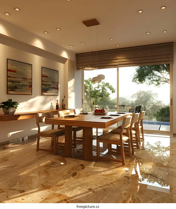 Modern dining room with wooden table and chairs