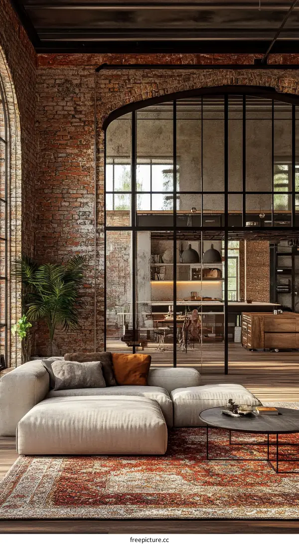 Industrial Style Loft Living Room with Brick Wall