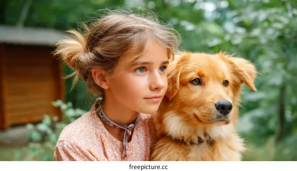 A young girl with her golden retriever dog in nature