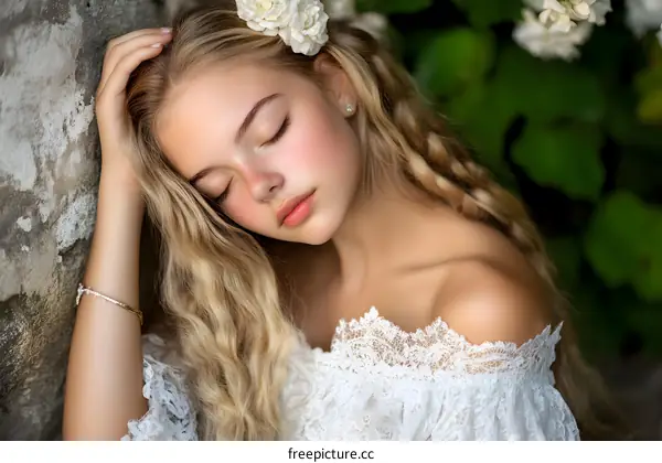 Young Blonde Woman with Eyes Closed Wearing White Dress in a Flower Garden