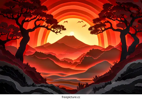 Paper Cut Art Mountain Landscape Sunset