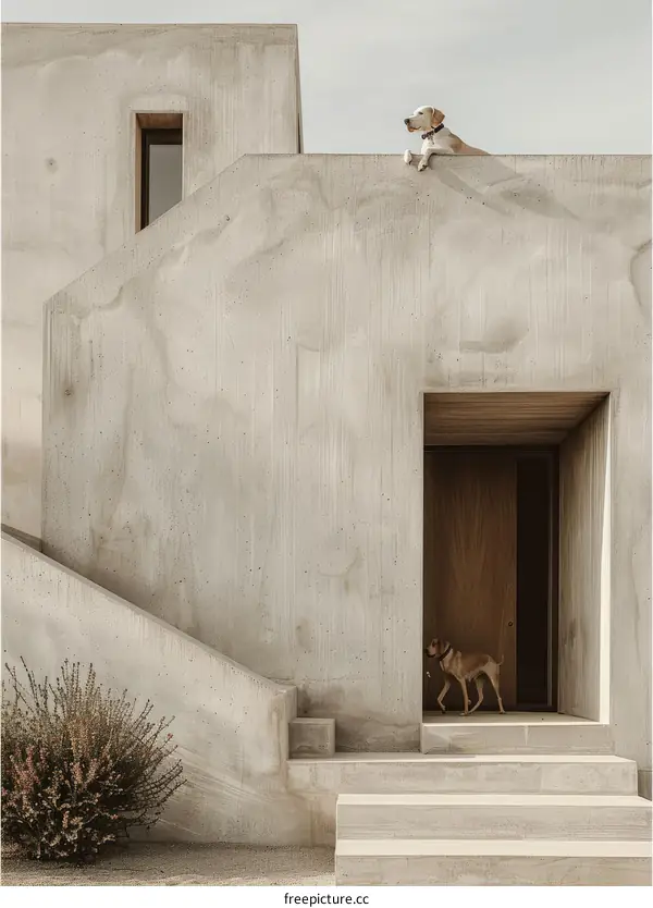 Two dogs standing in front of a concrete house