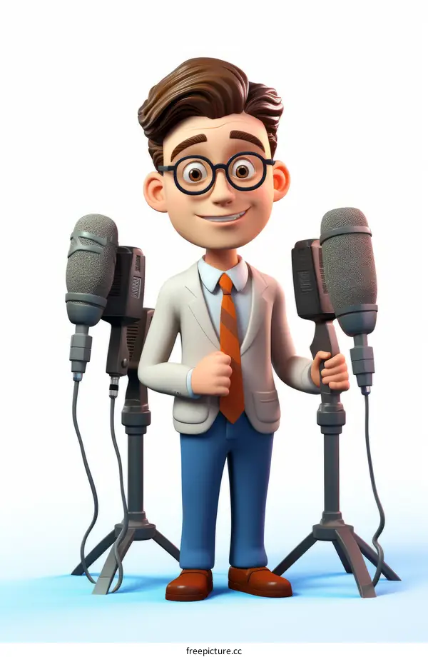 3D Male News Anchor Wearing Suit Glasses Standing Podium Microphones
