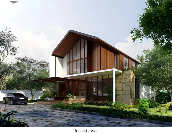 Modern Minimalist House with Wooden Facade and Lush Greenery